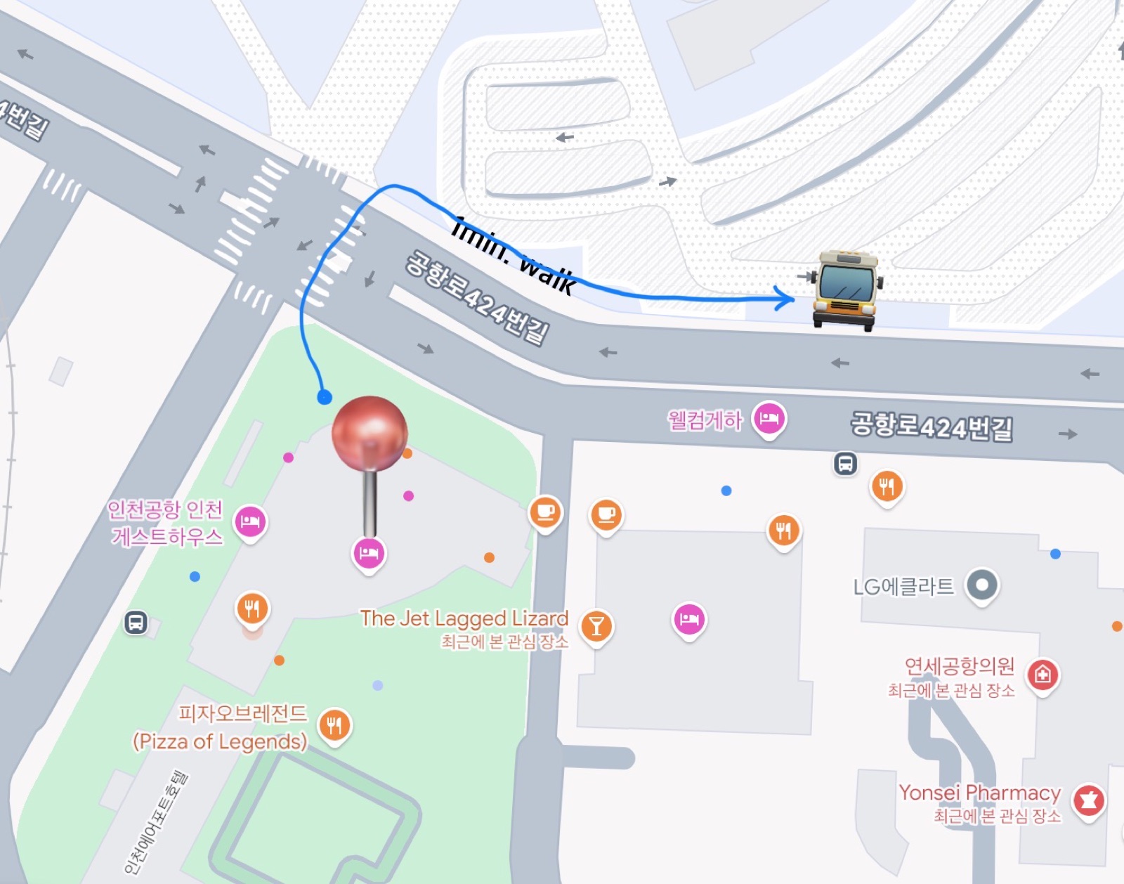 Walking map from the building to the airport-bound bus stop