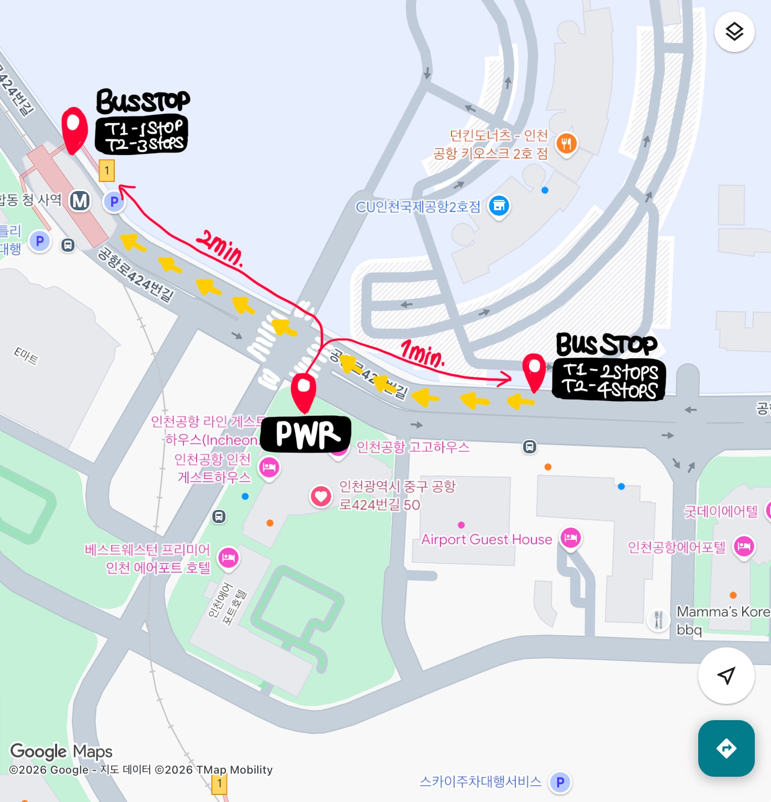 Walking map from the building to the airport-bound bus stop